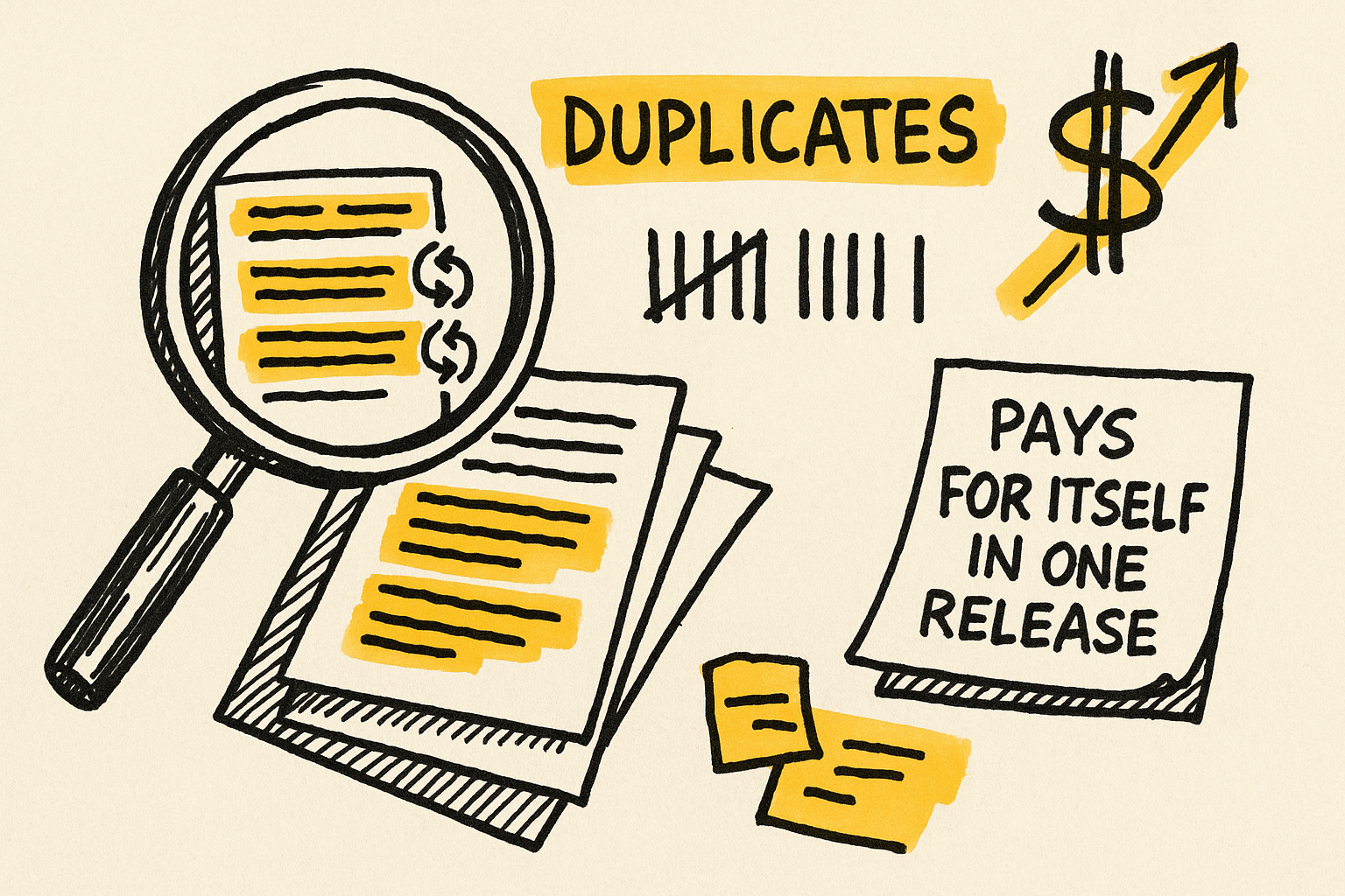 Sketch of a magnifying glass over duplicate paragraphs with tally marks and a rising cost arrow
