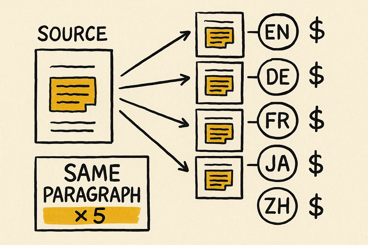 Sketch of one source document fanning out into translated copies with duplicate paragraphs highlighted