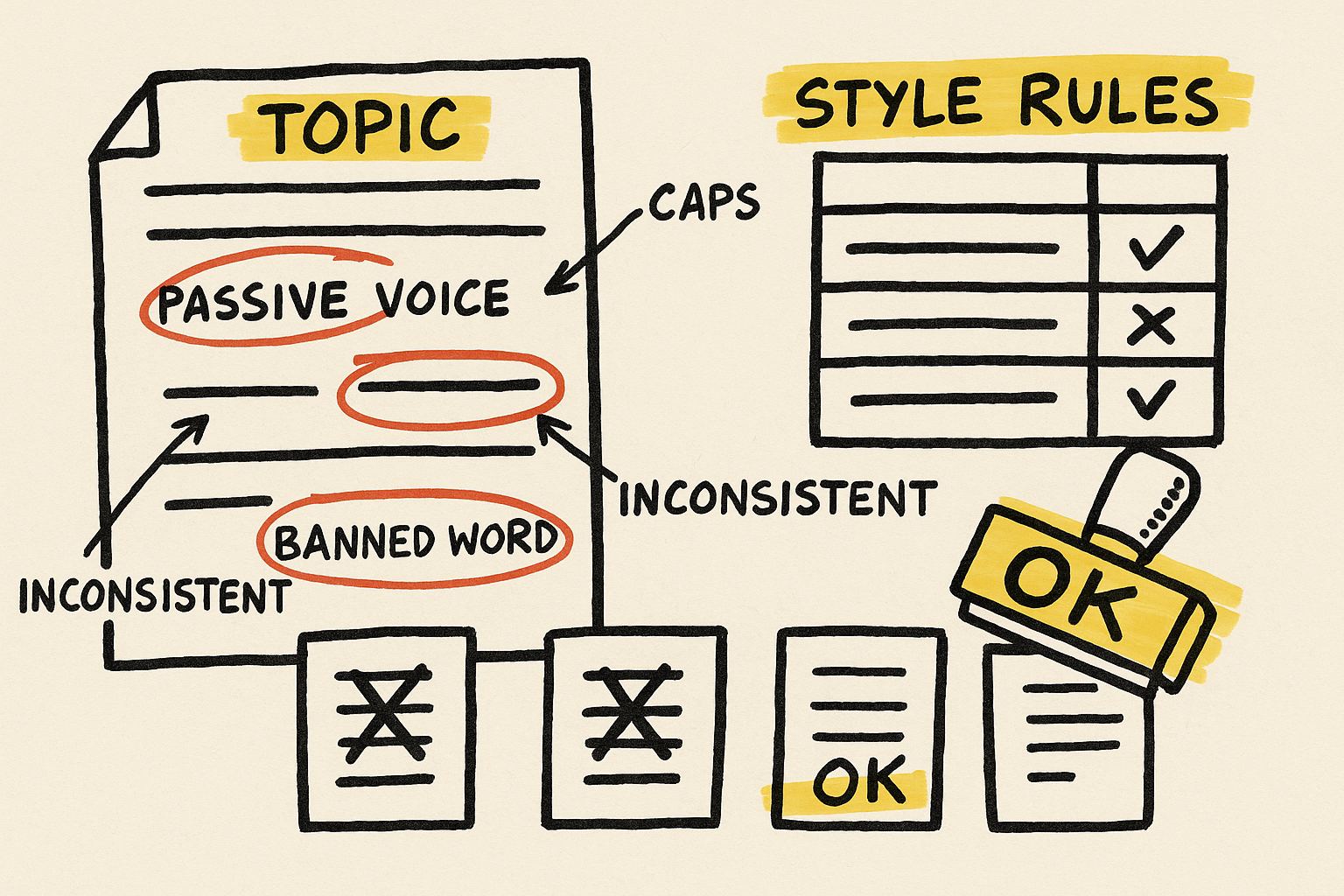 Sketch of a Flare topic with style violations marked up against a spreadsheet of style rules