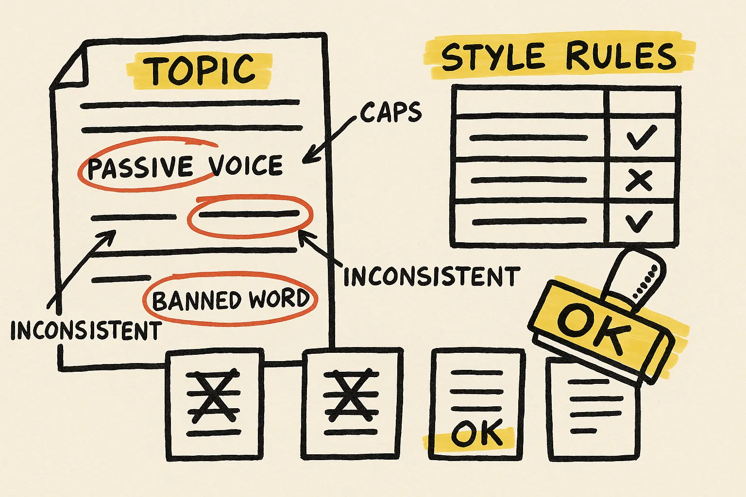 Sketch of a Flare topic with style violations marked up against a spreadsheet of style rules