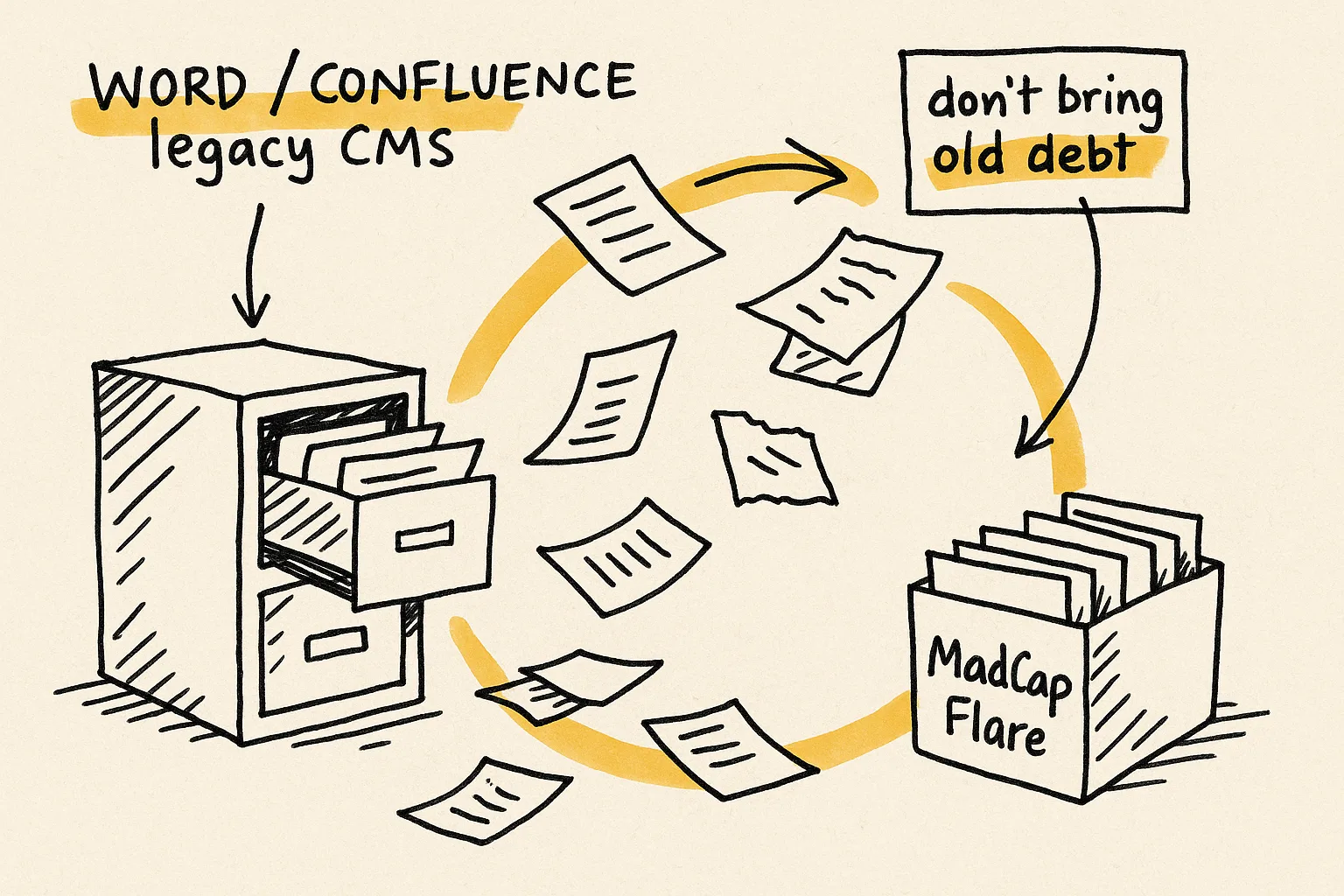 Sketch of papers flying from a legacy filing cabinet into a clean MadCap Flare box