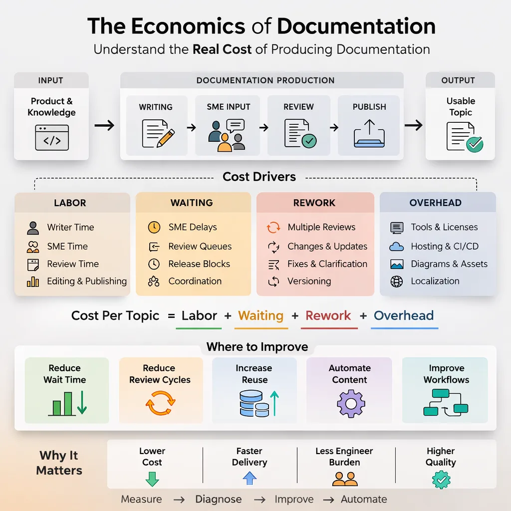 The Economics of Documentation β a model showing cost drivers, production flow, and improvement levers